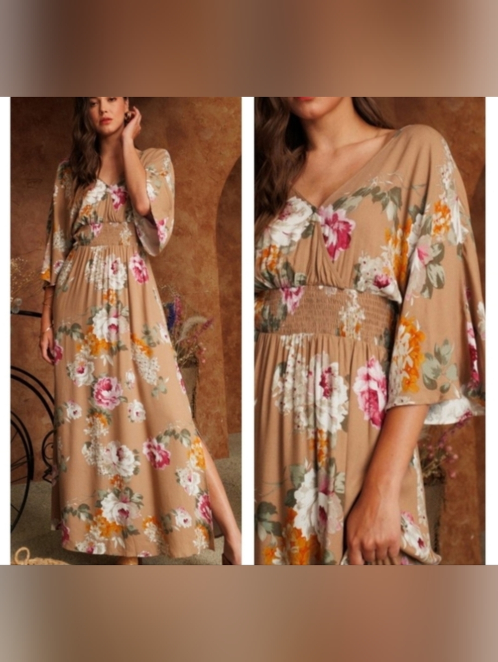 NWT Oddi Large Floral V-Neck Maxi Dress in Tan